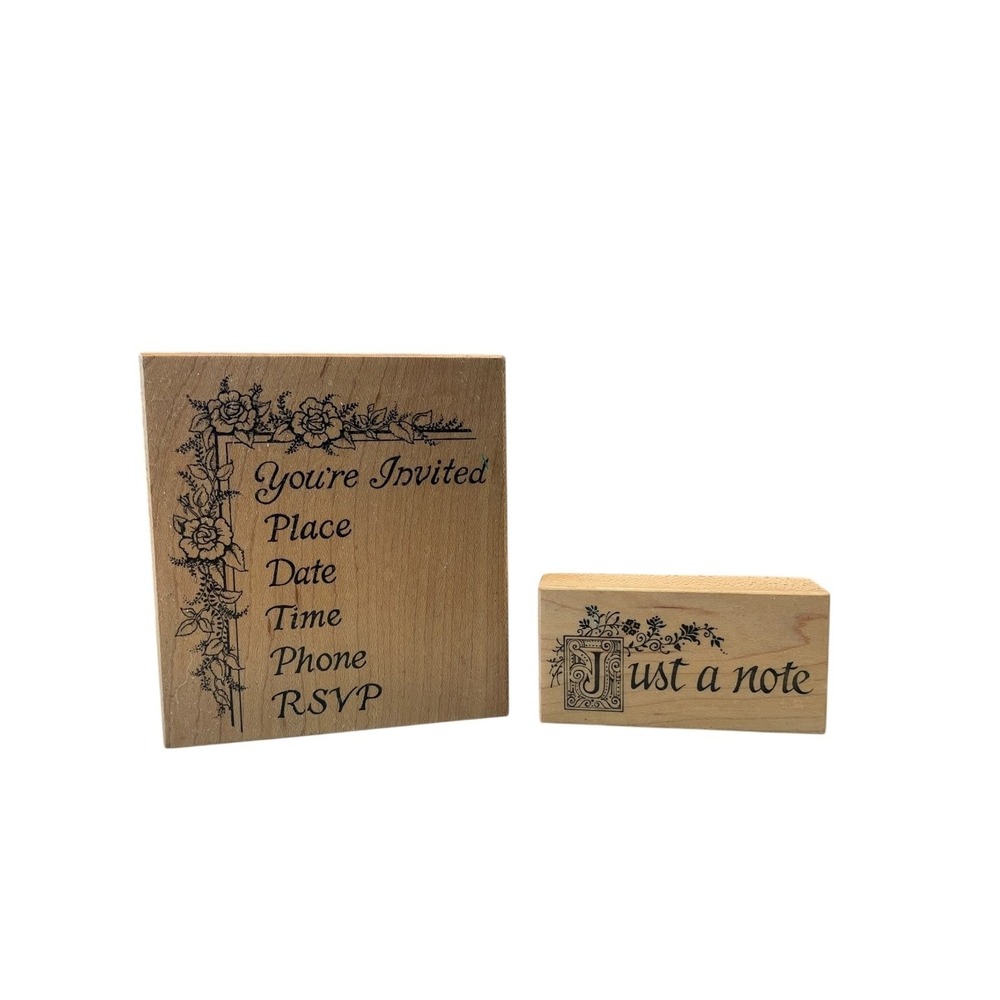 PSX Wood Mounted Rubber Stamp Set Floral RSVP Just a Note Lot of‎ 2
